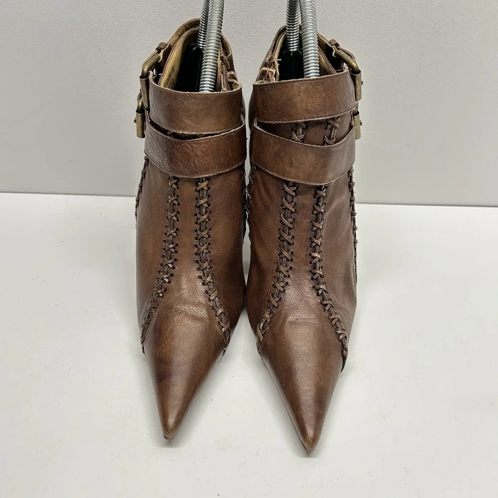 Carlos Santana Borderline Brown Leather Ankle Booties Heels Whipstitch Womens 7M